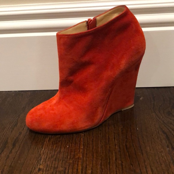 Christian Louboutin Red/Orange Suede Wedge Bootie - Picture 2 of 8